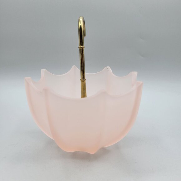 Fenton Pink Satin Glass Umbrella Shaped Trinket Candy Dish Brass Handle - Picture 2 of 6